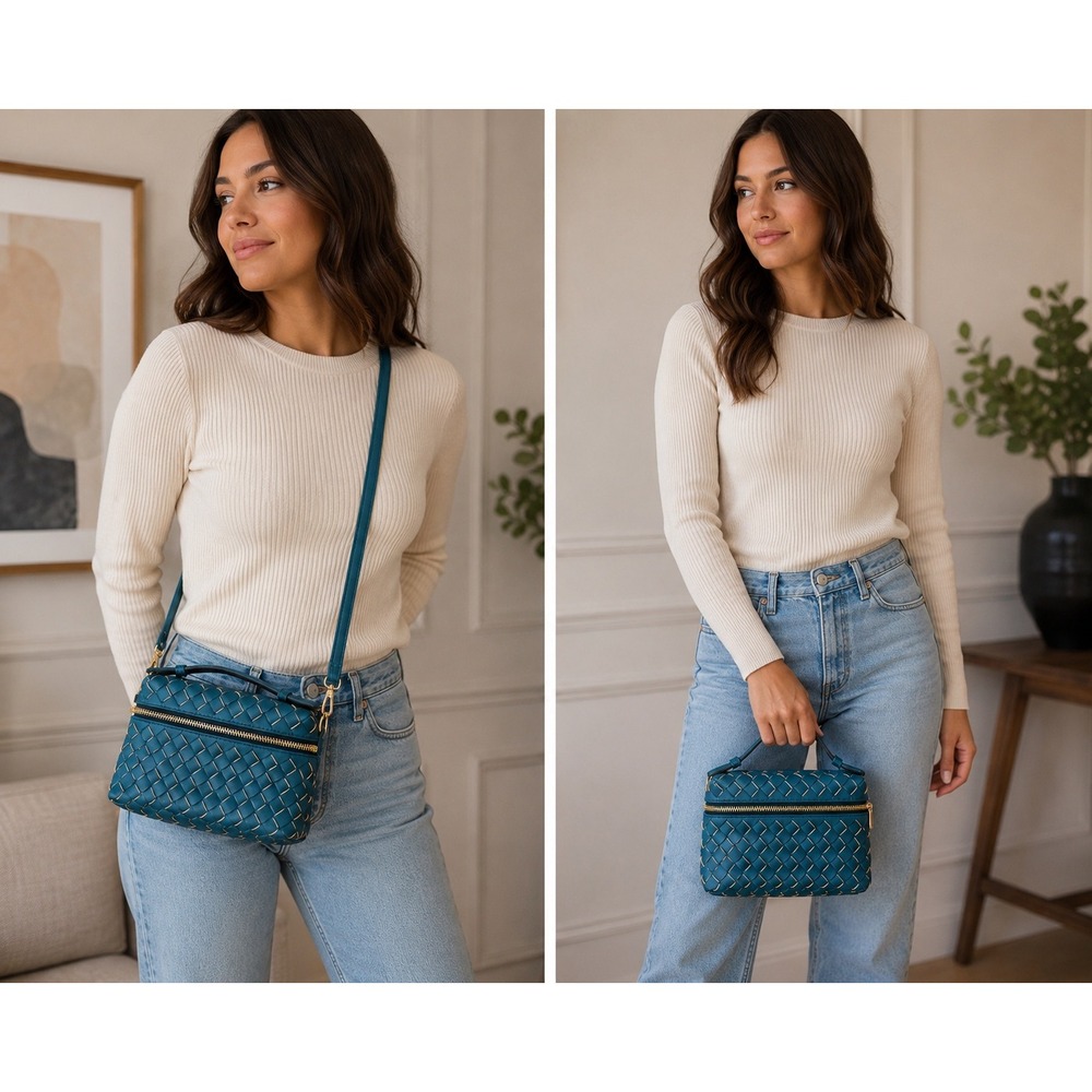K. Carroll Teal Woven Faux Leather Crossbody Bag Top Handle Gold Tone Coastal